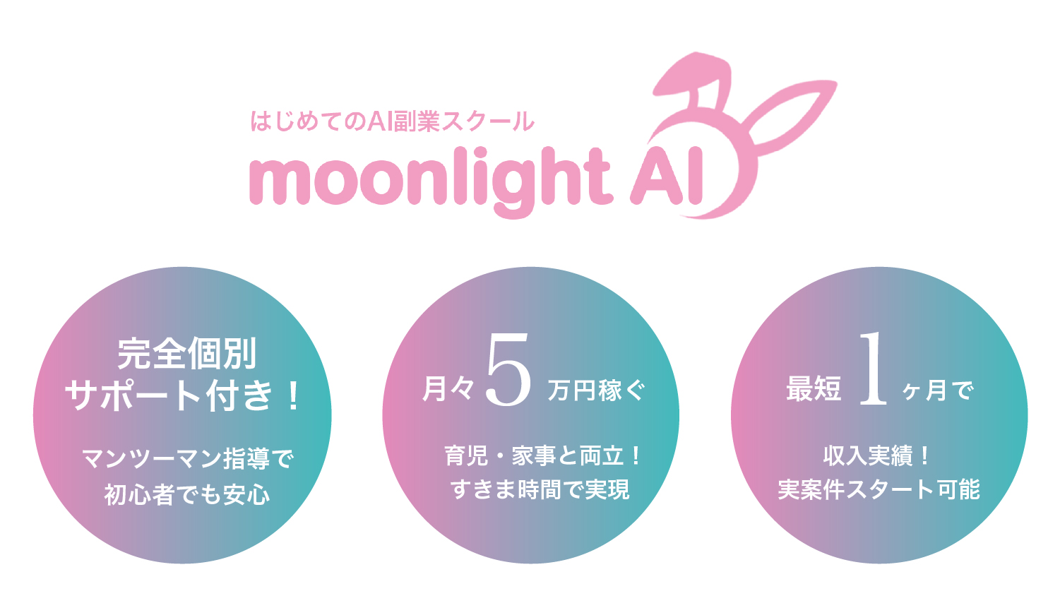 はじめてのAI副業スクール moonlight AI | 完全個別サポート付き！マンツーマン指導で初心者でも安心 | 育児・家事と両立！隙間時間で月々5万円を実現 | 最短1ヶ月で収入実績！実案件スタート可能